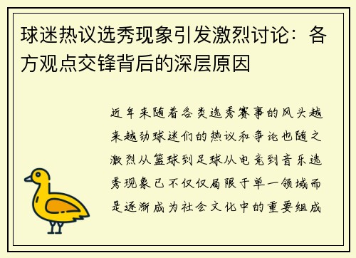 球迷热议选秀现象引发激烈讨论：各方观点交锋背后的深层原因