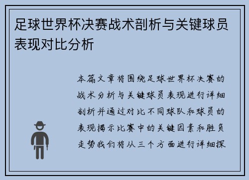 足球世界杯决赛战术剖析与关键球员表现对比分析