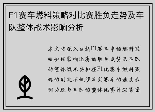 F1赛车燃料策略对比赛胜负走势及车队整体战术影响分析