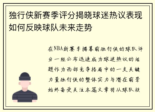 独行侠新赛季评分揭晓球迷热议表现如何反映球队未来走势