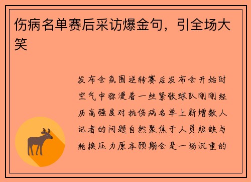 伤病名单赛后采访爆金句，引全场大笑